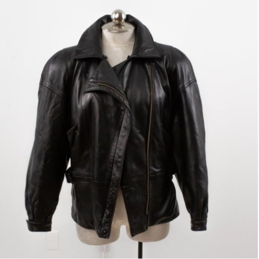 Vintage 80s Black Leather Jacket M Footballer Short Blazer Coat - Picture 9 of 14